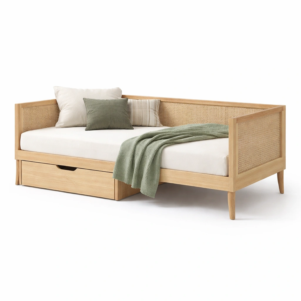 Tagesbett mit Rattan Seitenlehnen Naturholz-kenvorio